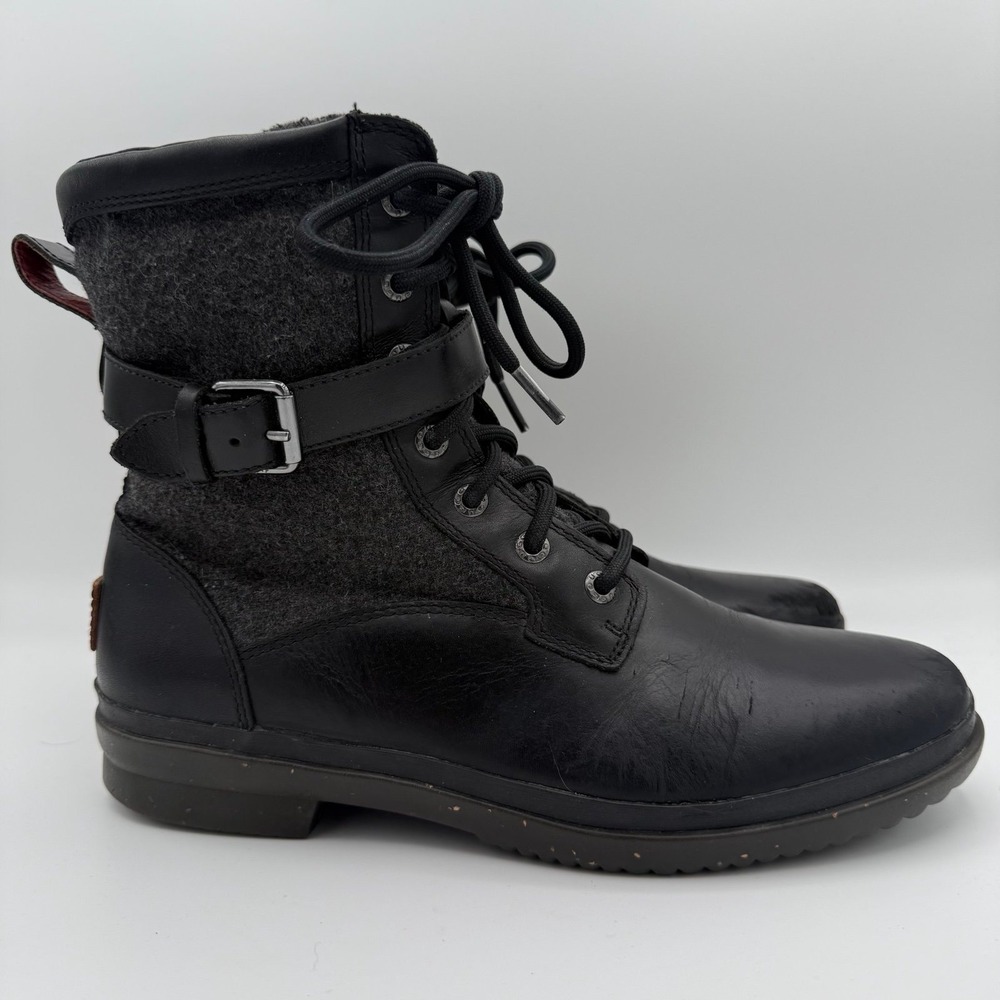 Womens UGG Kesey Black Leather Gray Wool Shaft Waterproof Round Toe Boots Size 9 - Picture 3 of 9